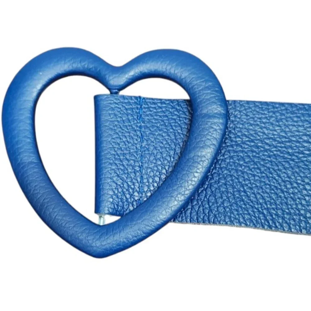 Women's belt made of genuine leather in a blue color. Stylish heart-shap…